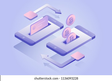 Mobile payments concept of transfer bitcoin, money from card. Cryptocurrency and blockchain technology. 3d isometric bitcoin transaction, e-commerce. Vector illustration.