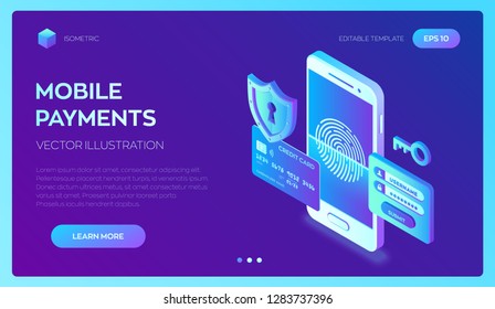 Mobile payments. Data protection concept. Personal data protection. Credit card check and software access data as confidential. 3d isometric flat design. Vector illustration.