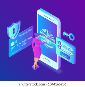 Mobile payments. Data protection concept. Personal data protection. Credit card check and software access data as confidential. User female character. 3d isometric flat design. Vector illustration.