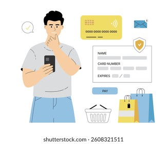 Mobile payments and digital wallet. Online shopping, e-commerce. Man enters Credit Сard details to make an online transaction. Vector illustration on isolated white background.	
