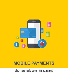Mobile Payments Flat Design Concept with Colorful Shopping Icons