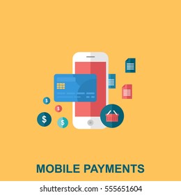 Mobile Payments Flat Design Concept with Colorful Shopping Icons