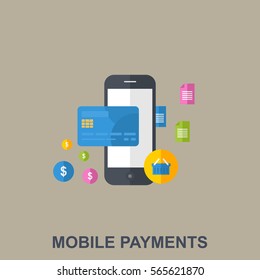 Mobile Payments Flat Design Concept with Colorful Shopping Icons