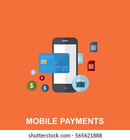 Mobile Payments Flat Design Concept with Colorful Shopping Icons