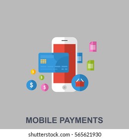 Mobile Payments Flat Design Concept with Colorful Shopping Icons