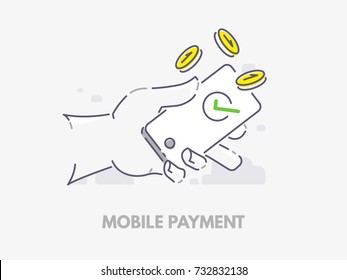 Mobile payments. Hand holding a phone with falling coins. Vector flat line illustration design.