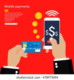 Mobile payments. Hands holding phone and credit card Vector.illustration flat design
