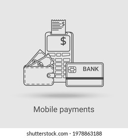 The mobile payments icon.The concept of fast and secure payments using apps and electronic gadgets.Vector illustration of the thin line icon.