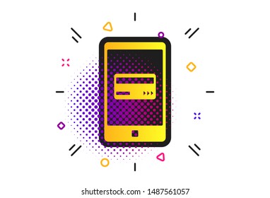Mobile payments icon. Halftone dots pattern. Smartphone with credit card symbol. Classic flat payments icon. Vector