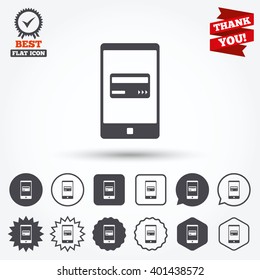 Mobile payments icon. Smartphone with credit card symbol. Circle and square buttons. Star labels and award medal. Thank you ribbon.