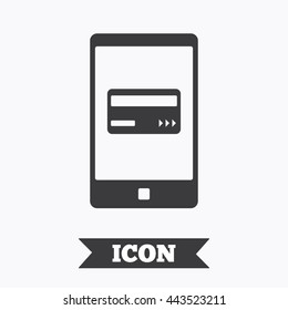 Mobile payments icon. Smartphone with credit card symbol. Graphic design element. Flat mobile payments symbol on white background. Vector