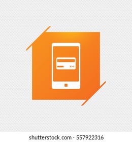 Mobile payments icon. Smartphone with credit card symbol. Orange square label on pattern. Vector