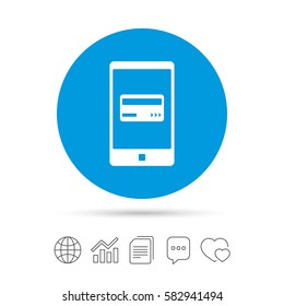 Mobile payments icon. Smartphone with credit card symbol. Copy files, chat speech bubble and chart web icons. Vector