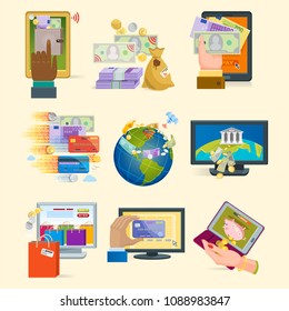 Mobile payments icons vector smartphone transaction ecommerce wallet wireless connection banking card credit online pay shopping.