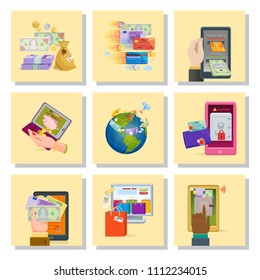 Mobile payments icons vector smartphone transaction ecommerce wallet wireless connection banking card credit online pay shopping.