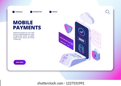 Mobile payments isometric concept. Online secure payment smartphone app. Banking internet shopping technology vector landing page