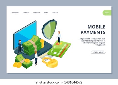 Mobile payments landing page. Isometric online banking vector web banner