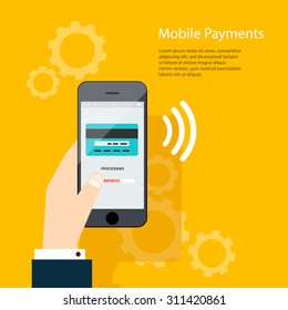 Mobile Payments. Man holding phone. Vector illustration of modern smartphone with processing of mobile payments from credit card on the screen.