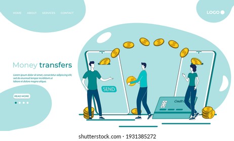 Mobile payments and money transfers.The concept of mobile banking and online payments.People send and receive money via an online connection.Flat vector illustration.The landing page template.