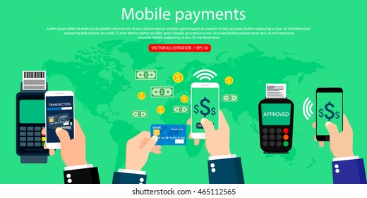 Mobile payments and near field communication. Mobile banking, modern flat  set, design concept for web banners.