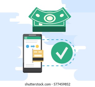 Mobile payments and near field communication. Transaction and paypass and NFC holding phone. Vector illustration