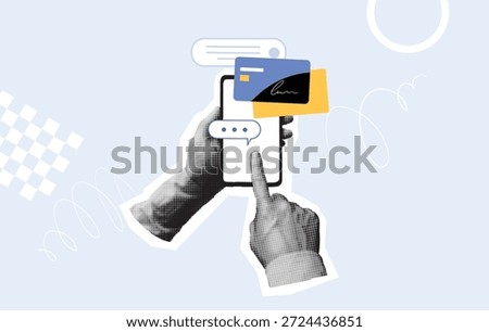 Mobile payments and online communication concept. Hands using a smartphone with a chat message and payment cards. Halftone collage illustration. Mobile payments and online communication concept. Vector.