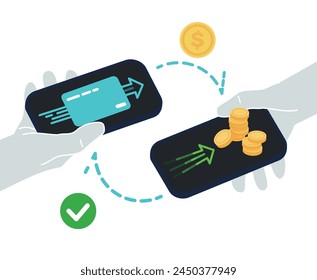 Mobile payments. Online sending money from mobile wallet to bank card, golden coins transfer app and e payment vector illustration. Mobile payment, business finance pay, transaction online.