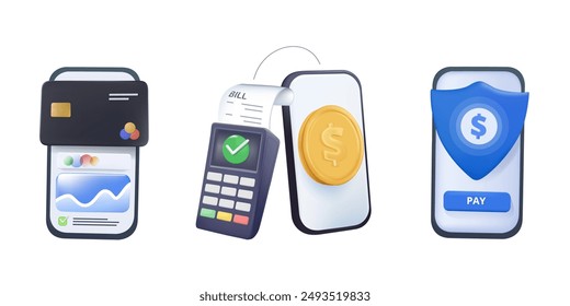 Mobile payments. Online sending money from mobile wallet to bank card, golden coins transfer app and e payment 3D style vector illustration set. Mobile payment, business finance pay transaction online