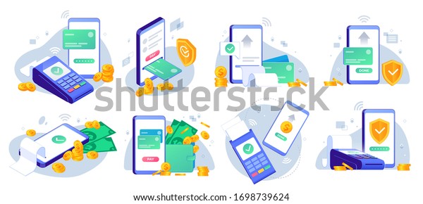 Mobile payments. Online sending money from mobile\
wallet to bank card, golden coins transfer app and e payment vector\
illustration set. Mobile payment, business finance pay, transaction\
online