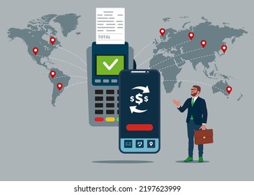 Mobile payments, pos terminal confirms the payment by smartphone around world. Vector illustration.