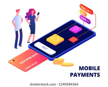 Mobile payments. Smartphone banking app, data protection and security devices vector illustration