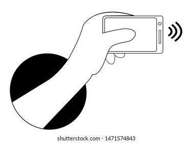 Mobile payments with smartphone. Hand from black dark hole. Near field communication payment terminal concept. Online transactions, paypass and NFC. Smartphone and wireless paying symbol