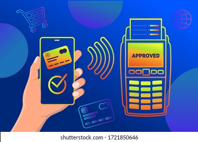Pagos por teléfono móvil desde un smartphone. Ilustración vectorial del pago NFC aprobado en la terminal. Concepto de pago NFC.
