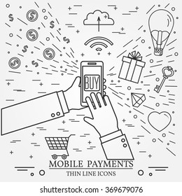 Mobile payments using a smartphone. 	Online shopping concept for web design and application interface. Thin line icon.