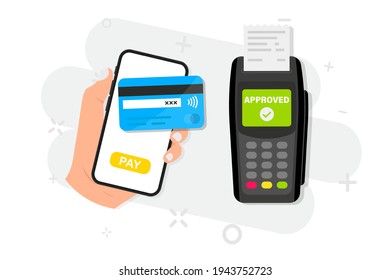 Mobile payments using a smartphone. Pay by credit card via electronic wallet wirelessly on phone. Pos terminal confirms the payment. NFC payments concept. Shopping by phone, e-payment