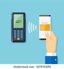 Mobile payments using smartphone, terminal and credit card, NFC technology, online banking. Flat design style. Vector