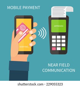 Mobile payments using smartphone, terminal and credit card, near field communication technology, online banking. Flat design vector.