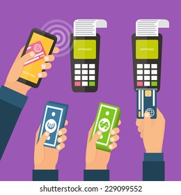 Mobile payments using smartphone, terminal and credit card, cash and near field communication technology, online banking. Payments methods. Flat design vector.