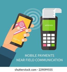 Mobile payments using smartphone, terminal and credit card, near field communication technology, online banking. Flat design vector.