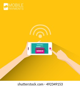 mobile payments vector concept . Flat design style vector illustration of modern smartphone with processing of mobile payments on the screen. Internet banking concept. wireless money transfer.