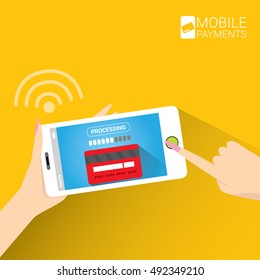 mobile payments vector concept . Flat design style vector illustration of modern smartphone with processing of mobile payments on the screen. Internet banking concept. wireless money transfer.