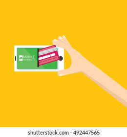 mobile payments vector concept . Flat design style vector illustration of modern smartphone with processing of mobile payments on the screen. Internet banking concept. wireless money transfer.