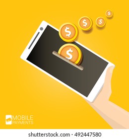 mobile payments vector concept . Flat design style vector illustration of modern smartphone with processing of mobile payments on the screen. Internet banking concept. wireless money transfer.