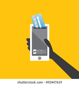 mobile payments vector concept . Flat design style vector illustration of modern smartphone with processing of mobile payments on the screen. Internet banking concept. wireless money transfer.