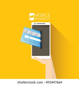 mobile payments vector concept . Flat design style vector illustration of modern smartphone with processing of mobile payments on the screen. Internet banking concept. wireless money transfer.