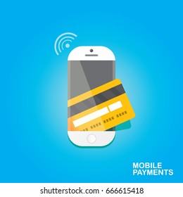 mobile payments vector concept . Flat design style vector illustration of modern smartphone with processing of mobile payments on the screen. Internet banking concept. wireless money transfer.