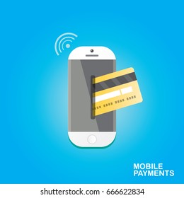 mobile payments vector concept . Flat design style vector illustration of modern smartphone with processing of mobile payments on the screen. Internet banking concept. wireless money transfer.