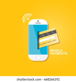 mobile payments vector concept . Flat design style vector illustration of modern smartphone with processing of mobile payments on the screen. Internet banking concept. wireless money transfer.