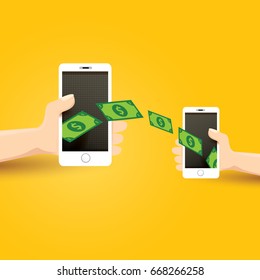 mobile payments vector concept . Flat design style vector illustration of modern smartphone with processing of mobile payments on the screen. Internet banking concept. wireless money transfer.