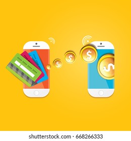 mobile payments vector concept . Flat design style vector illustration of modern smartphone with processing of mobile payments on the screen. Internet banking concept. wireless money transfer.